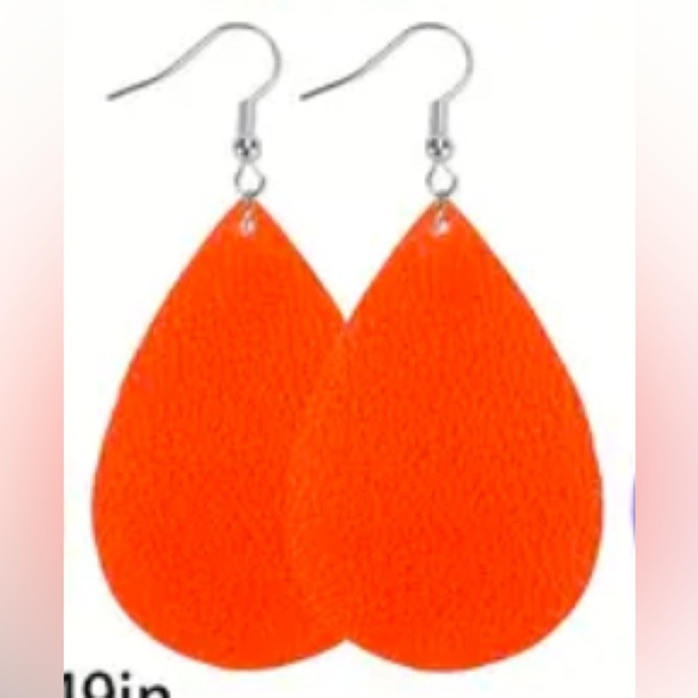 Earrings- Orange Water/Tear Drop Shape, Colorful Texture, Elegant Faux Leather